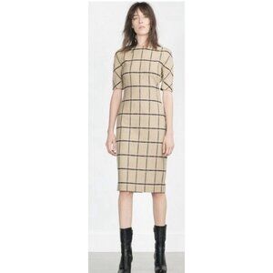 New ZARA Beige Black Windowpane Plaid Cotton Wool Dress